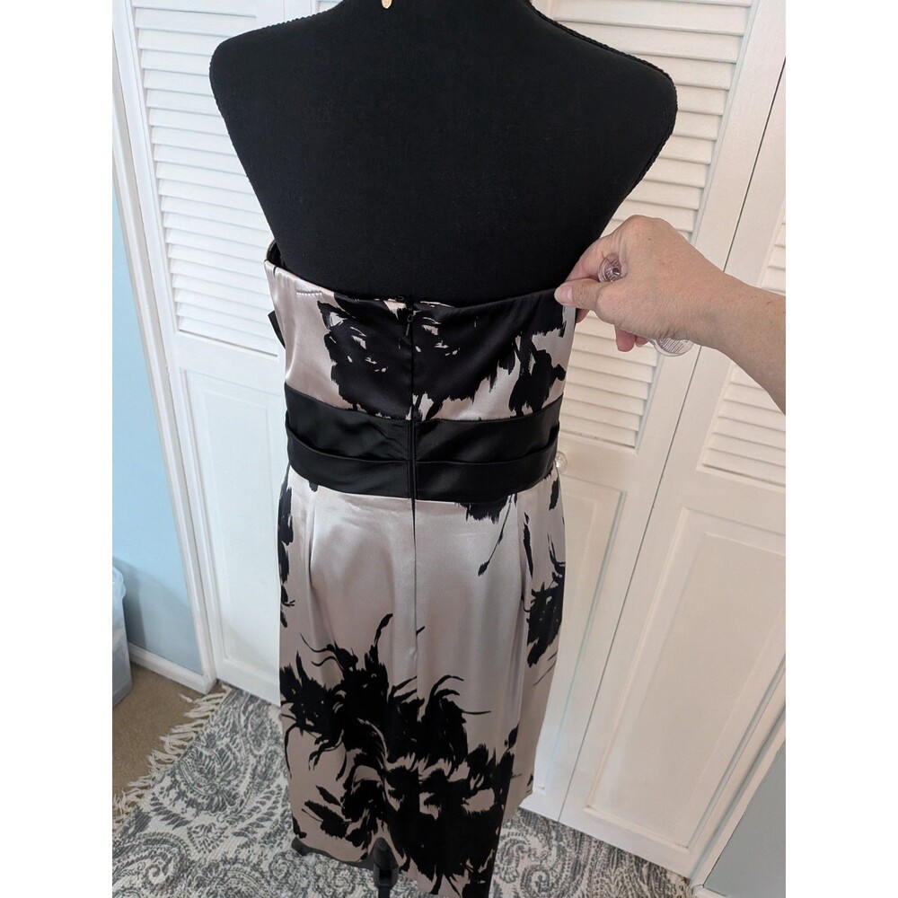 WHBM Dress Womens 12 Beige Black Floral Satin Bow Strapless Formal Cocktail Glam - Picture 8 of 16